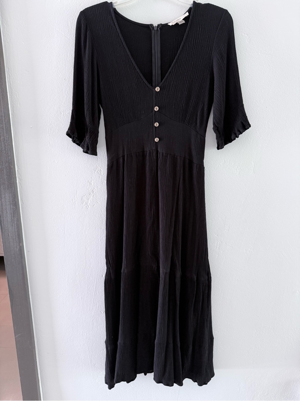 Black V-Neck Button-Front Midi Dress
